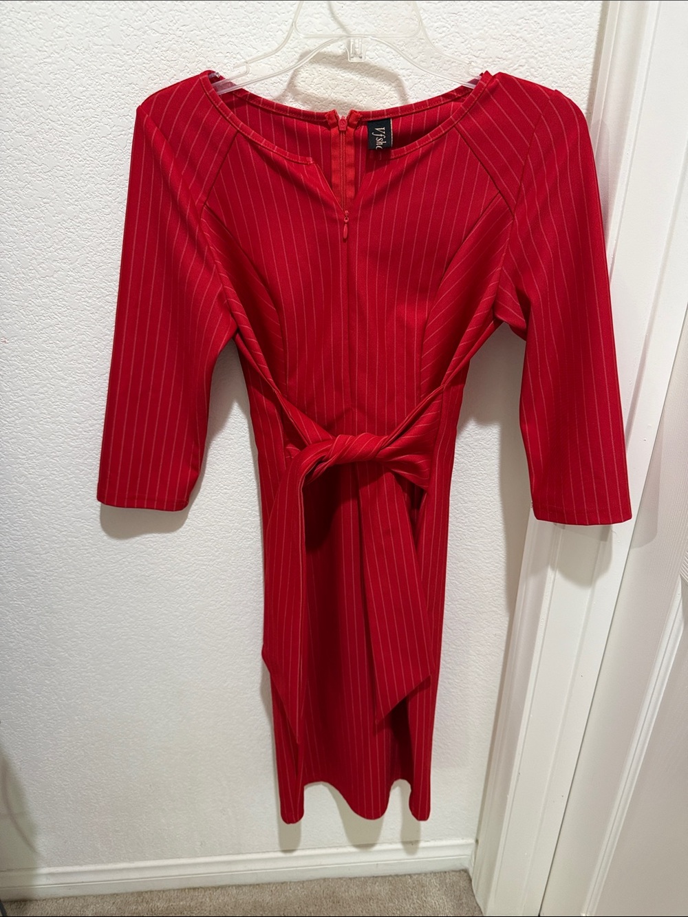 Women’s Red Pinstripe Tie-Waist Dress